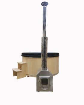Hot Tub 180cm Fiberglass mit außen Holzofen inklusive und Luxusausstatung, Thermo deckel, LED Beleuchtung